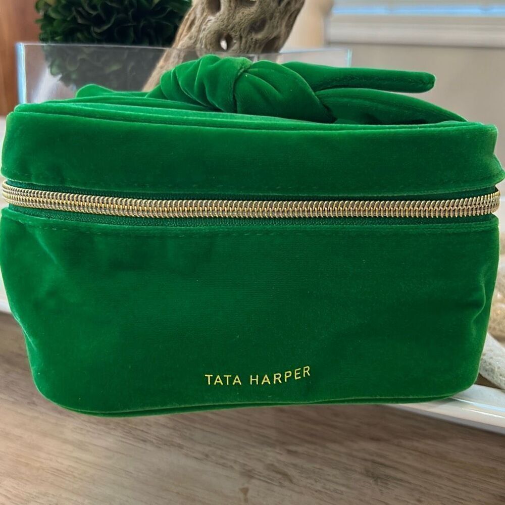 New Tata Harper green velvet cosmetic bag make up bag